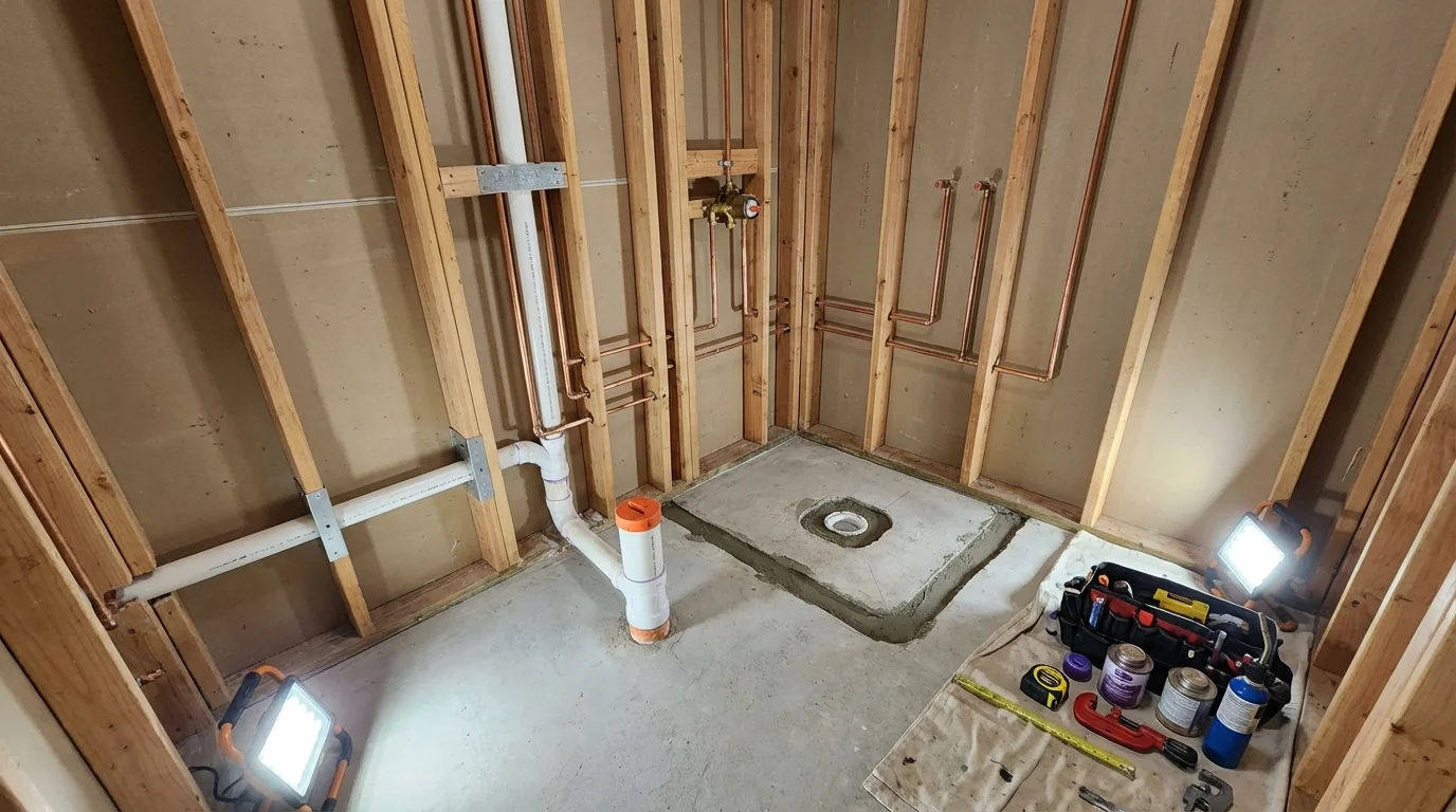 Bathroom rough-in plumbing during remodel by Johns Plumbing LLC in Trafford