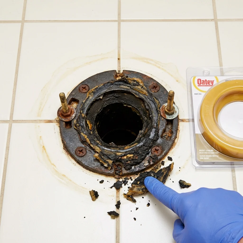 Failed wax ring showing water seepage at the base of a toilet in a Trafford, PA home