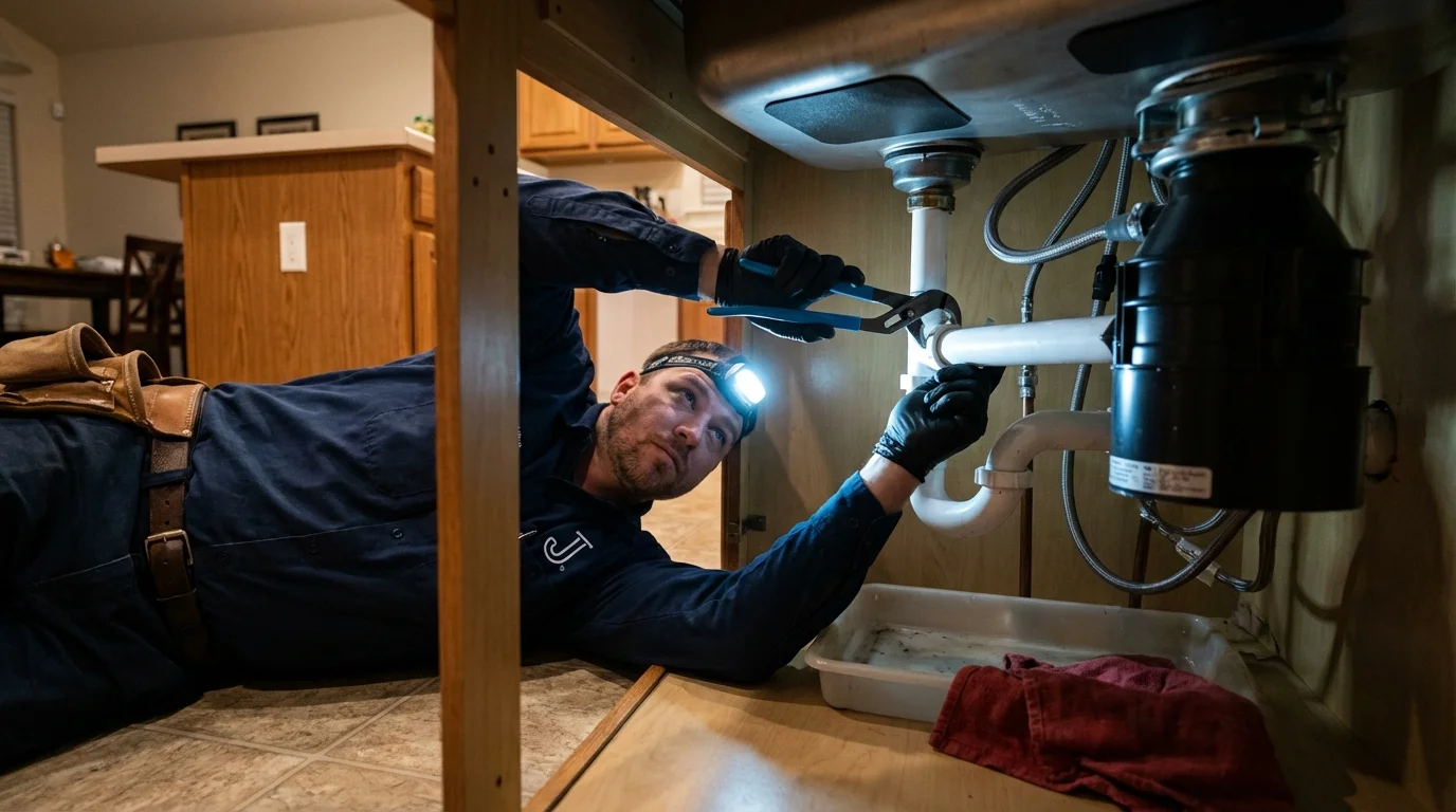 P-trap and supply line connections under a kitchen sink showing a common leak point in Trafford, PA